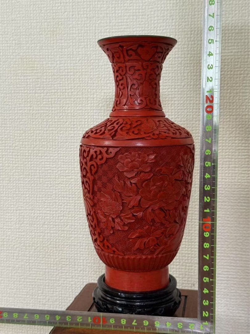 堆朱漆彫り花瓶 中国美術 彫刻 花瓶彫漆 花瓶（花の彫刻） 年代物 美品 　箱付