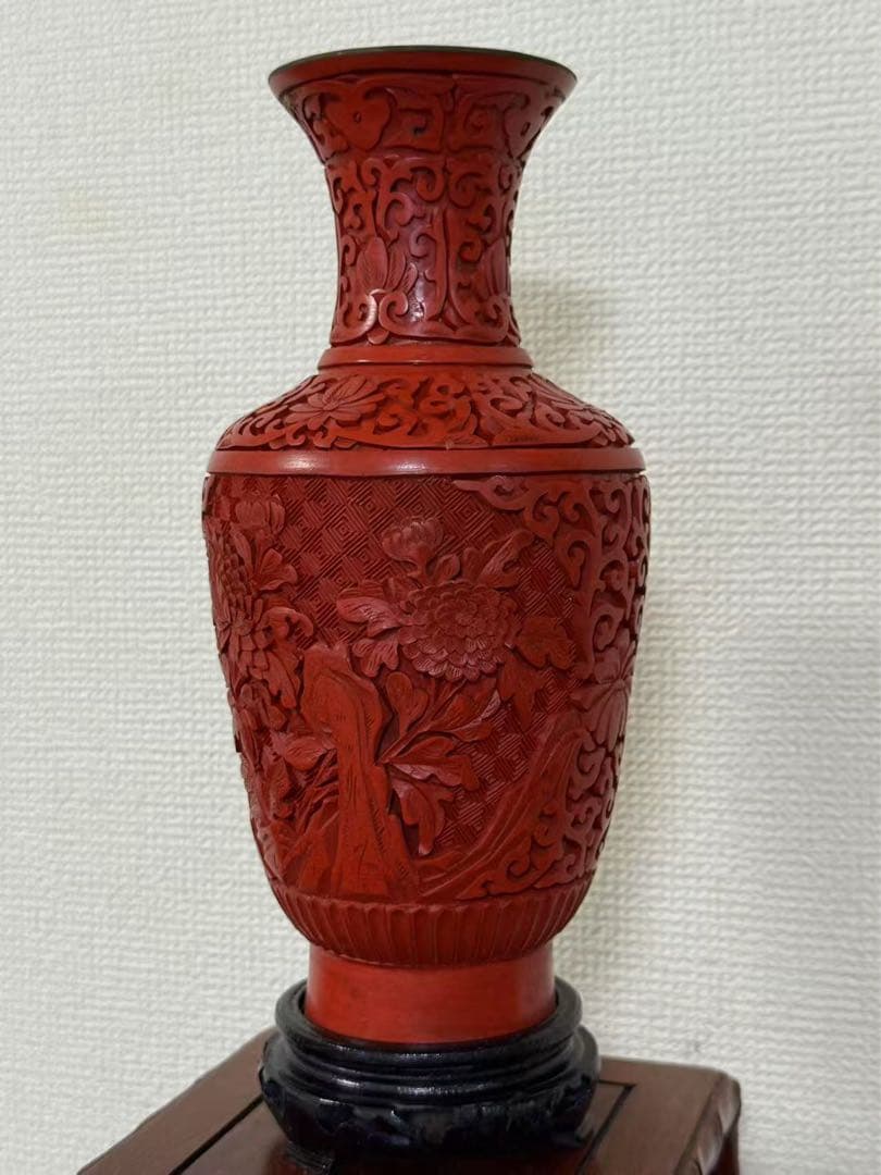 堆朱漆彫り花瓶 中国美術 彫刻 花瓶彫漆 花瓶（花の彫刻） 年代物 美品 　箱付