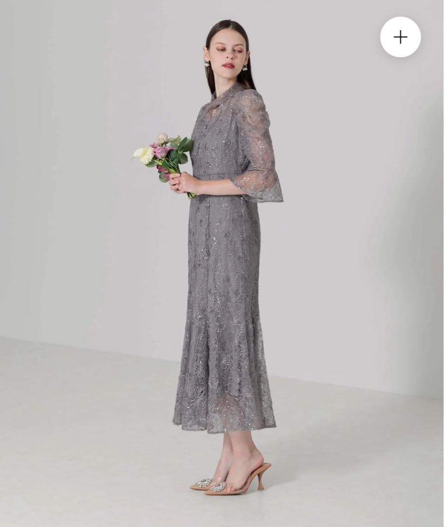 【Leja】スパンコール花柄刺繍ソフトパフスリーブドレスワンピース