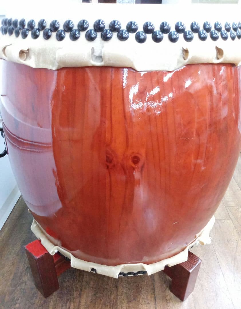 長胴太鼓　宮太鼓　和太鼓　巻き耳　1.5尺　台座　バチ付き　祭り　盆踊り