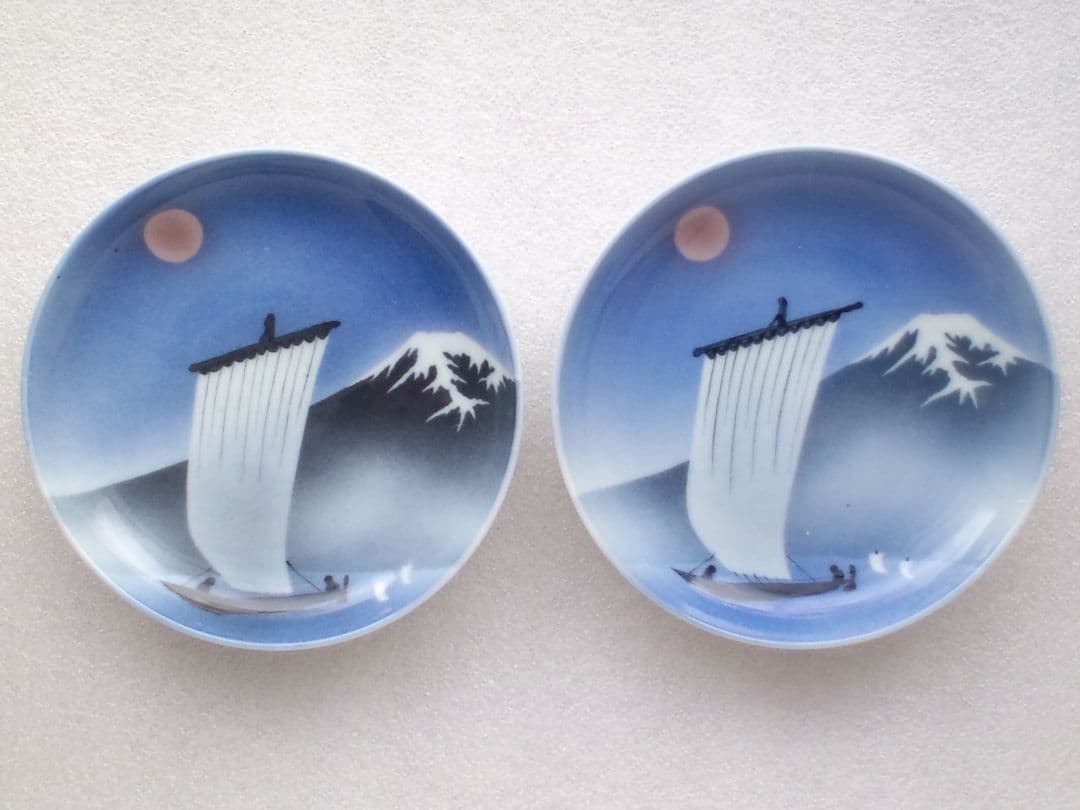 図変わり時代皿●瀬戸焼吹墨印判富士帆船絵図小皿:径約16cm５枚組●保管品未使用