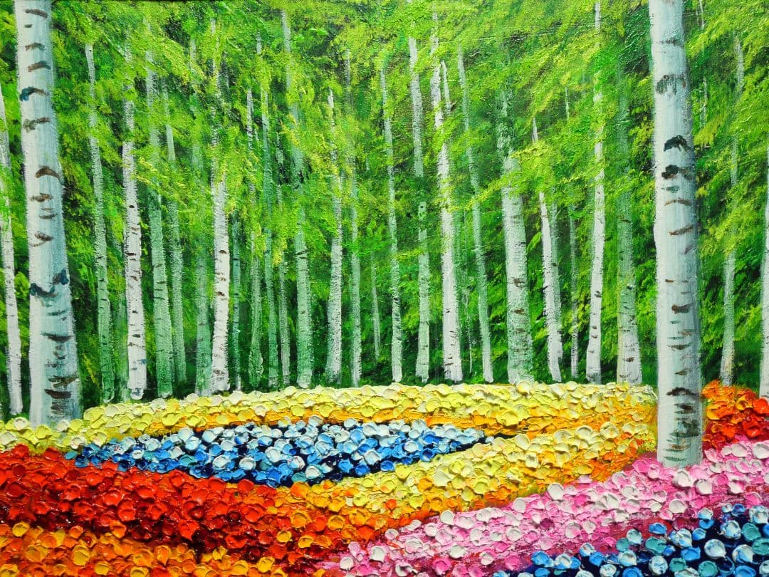 油絵 絵画 【白樺の花畑 】