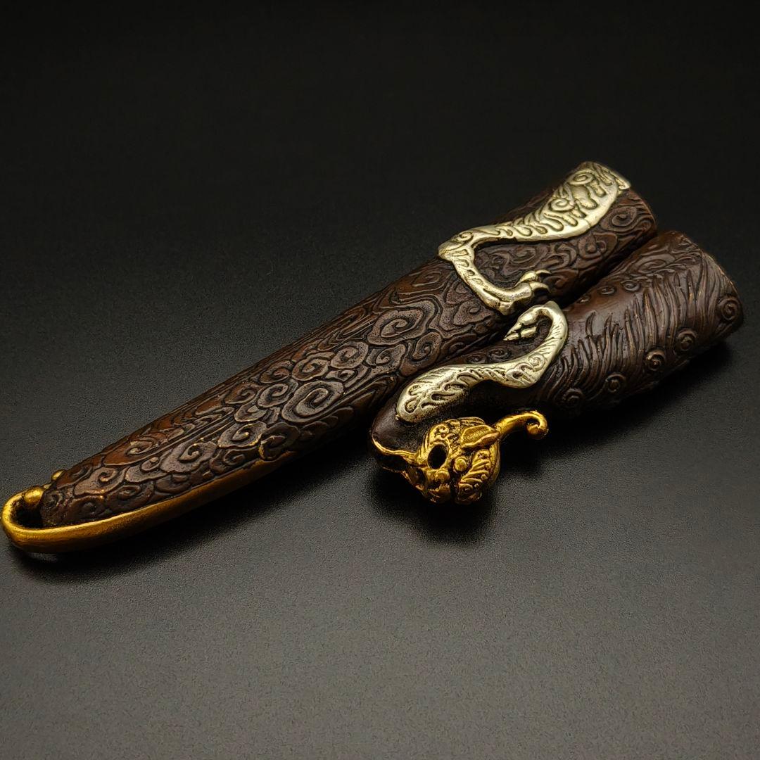 銅製刀装具　柄鞘拵え　獣図　絵金銀　金工品　細工　刀装具