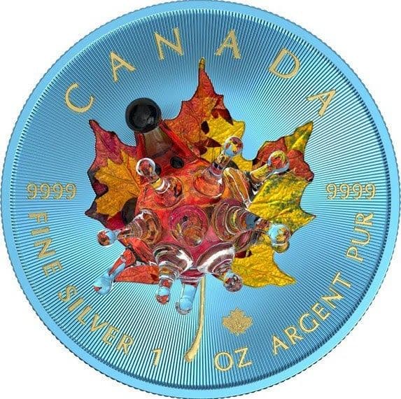 新品　ハリネズミムラノガラス付メイプル 銀貨 追加彩色