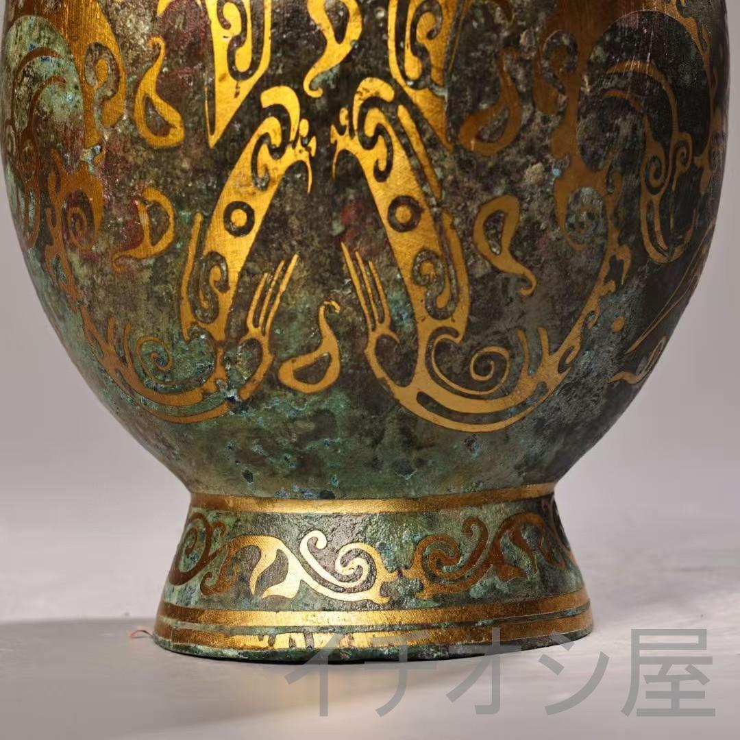 中国古美術 旧藏 錯金青銅器 烏壺 一対 時代物 骨董 花器 飾壺 青銅工芸