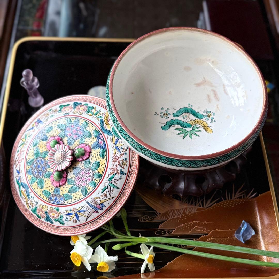 2231様感謝‼️九谷焼KUTANI あじさい❌鶴❌松　蓋もの食籠作り置き多目的