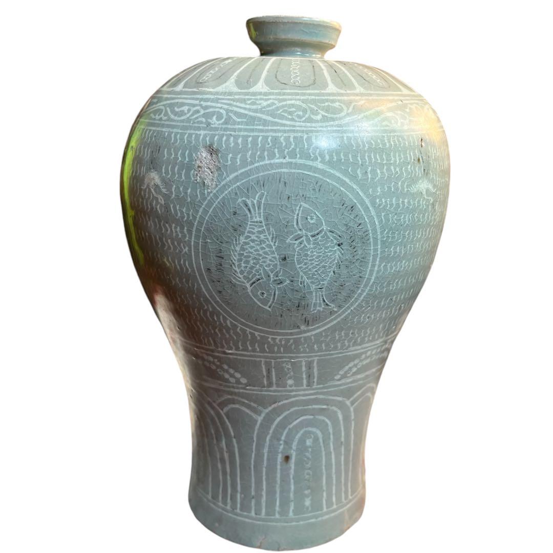 梅瓶 李朝 双魚 遊魚文 梅瓶 朝鮮 古美術 骨董 高麗 青磁 粉青沙器 魚紋