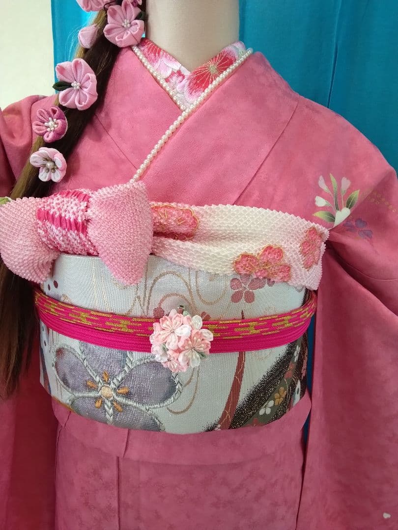 超得】振袖フルセット、正絹振袖成人式、半襟重ね衿、帯揚げ帯締め、西陣袋帯、襦袢