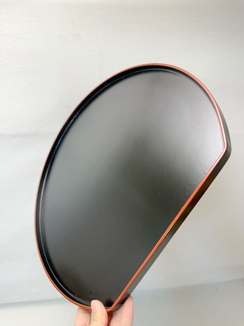 ほぼ未使用 懐石道具 木製 千筋 缘朱 半月膳 5客揃 銘々盆 平膳 宴会盆元箱