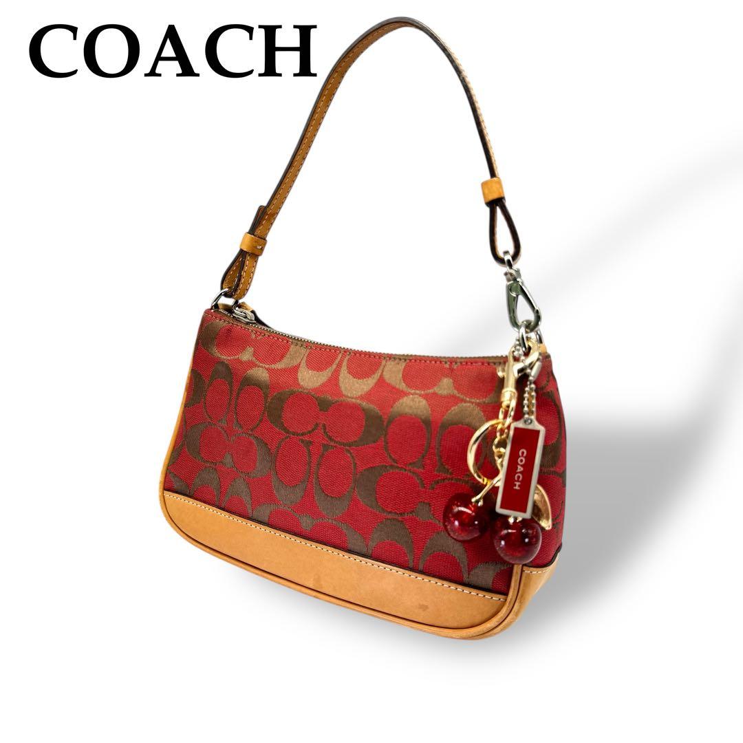 美品 COACH ハンドバッグ アクセサリーポーチ シグネチャー レザー