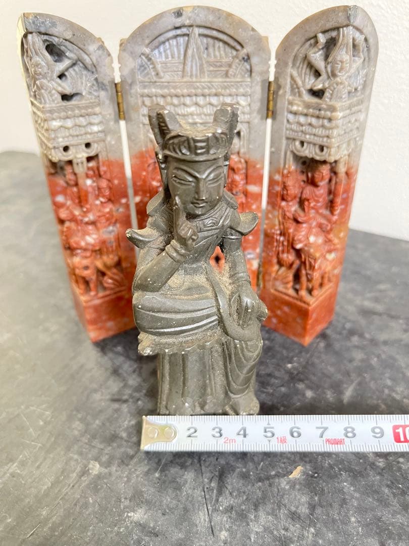 石製彫刻 三つ折り背景付き仏像　仏教　古美術