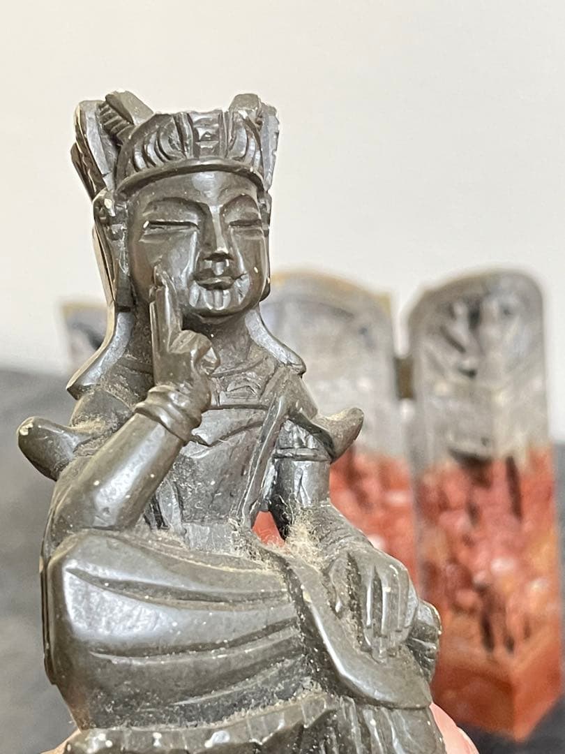 石製彫刻 三つ折り背景付き仏像　仏教　古美術