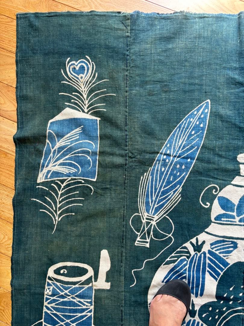 古布　茶道具の筒描　藍染　木綿　緑　木綿　型染め　襤褸　アンティーク