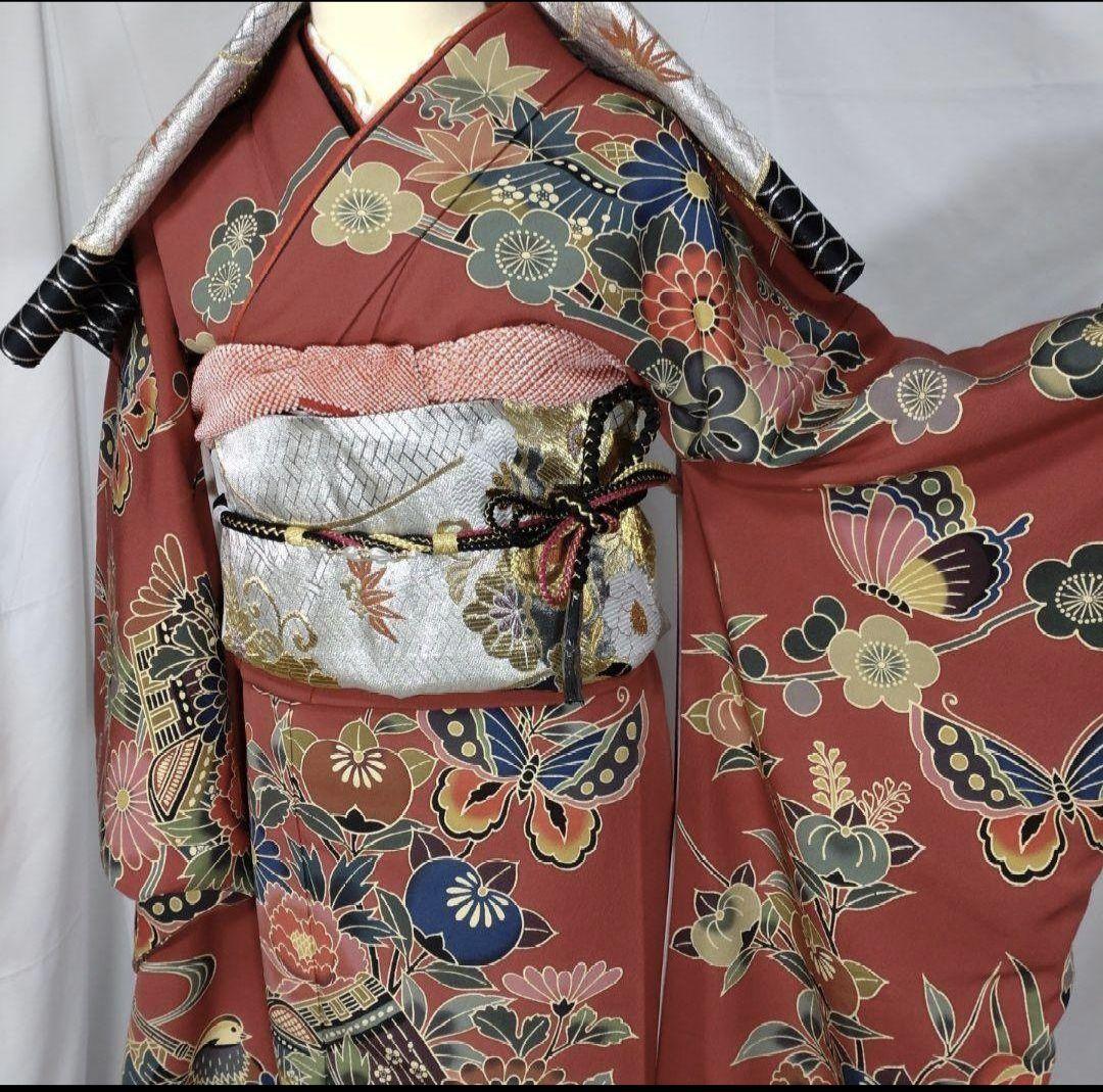 着物　振袖フルセット　京紅型　型染め　宮崎紅型　落款有　成人式　卒業式　赤