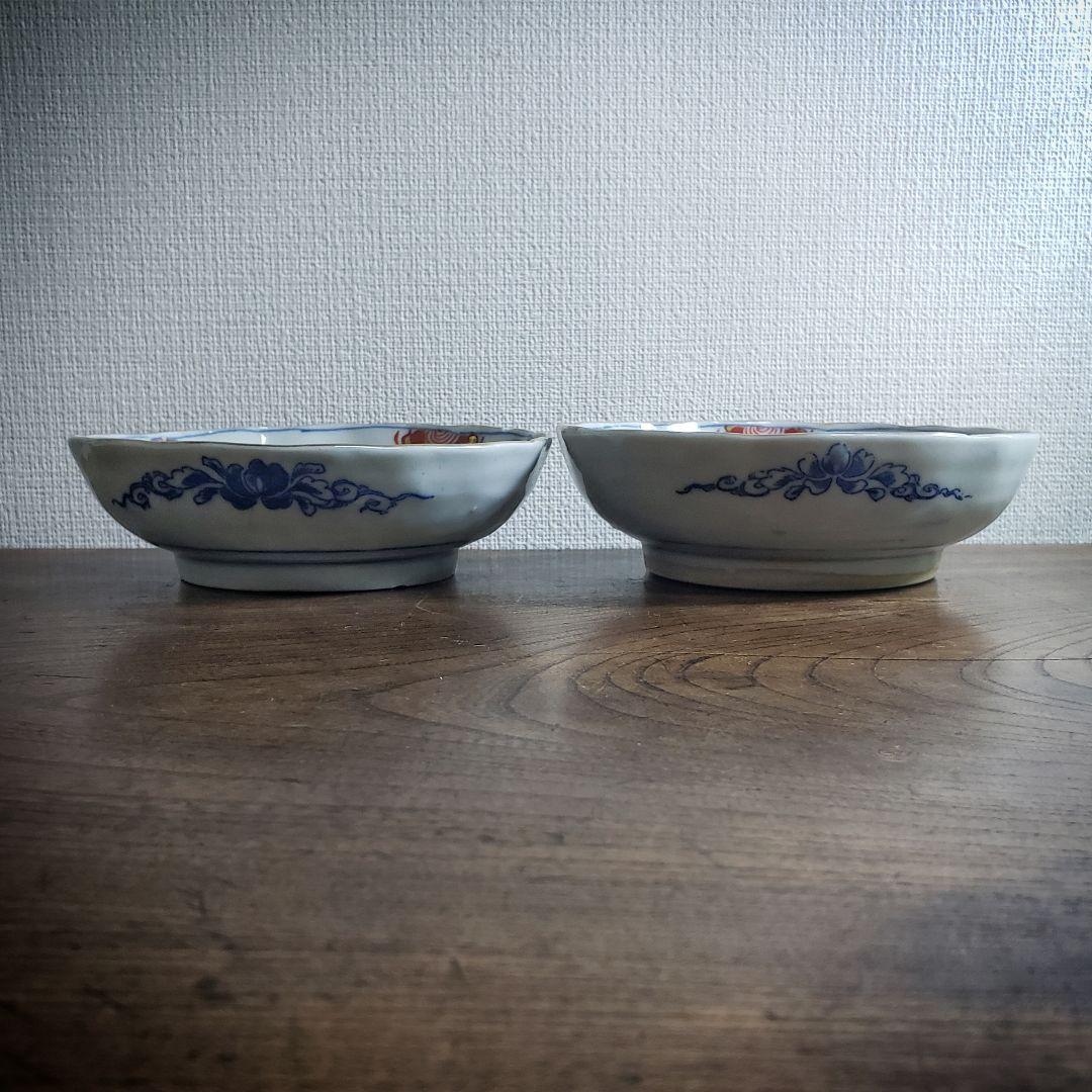 なます皿　色絵付　印判　変わり図柄　明治　大正　モダン唐草　2枚　欠け　ロ号