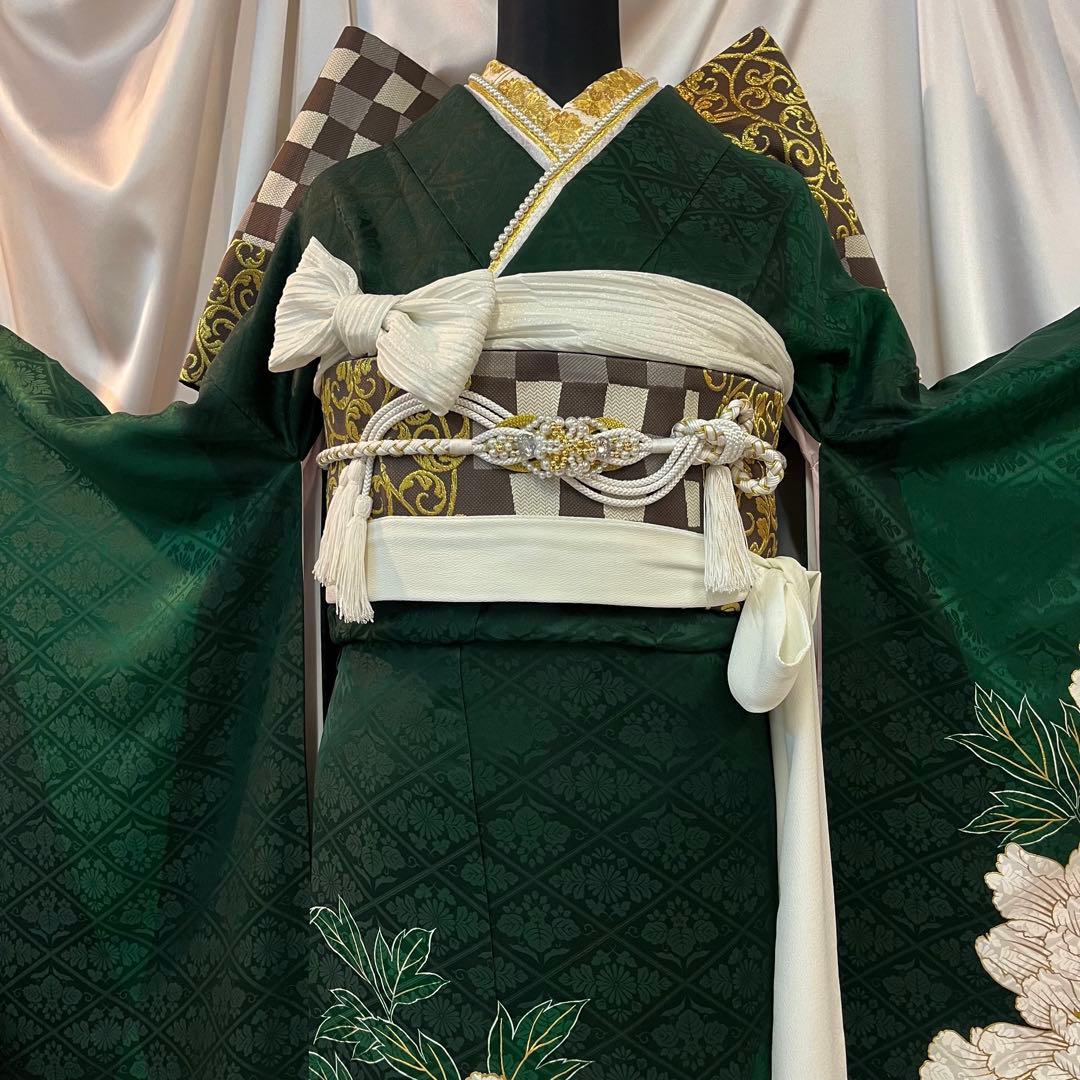 振袖フルセット■大輪牡丹■深緑色■成人式振り袖■振袖一式