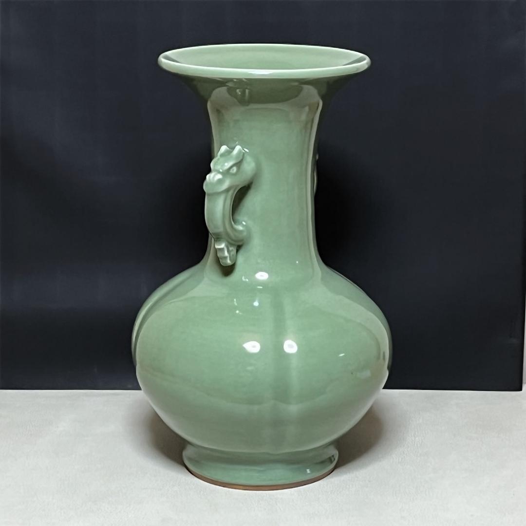 加藤渓山 天龍寺青磁 耳付花瓶 共箱 耳付 花入 花生 茶道具【k3060】