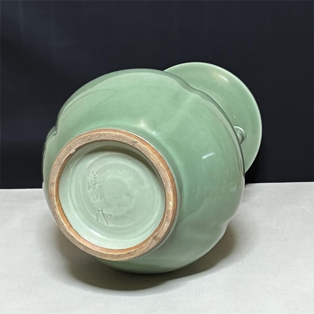 加藤渓山 天龍寺青磁 耳付花瓶 共箱 耳付 花入 花生 茶道具【k3060】