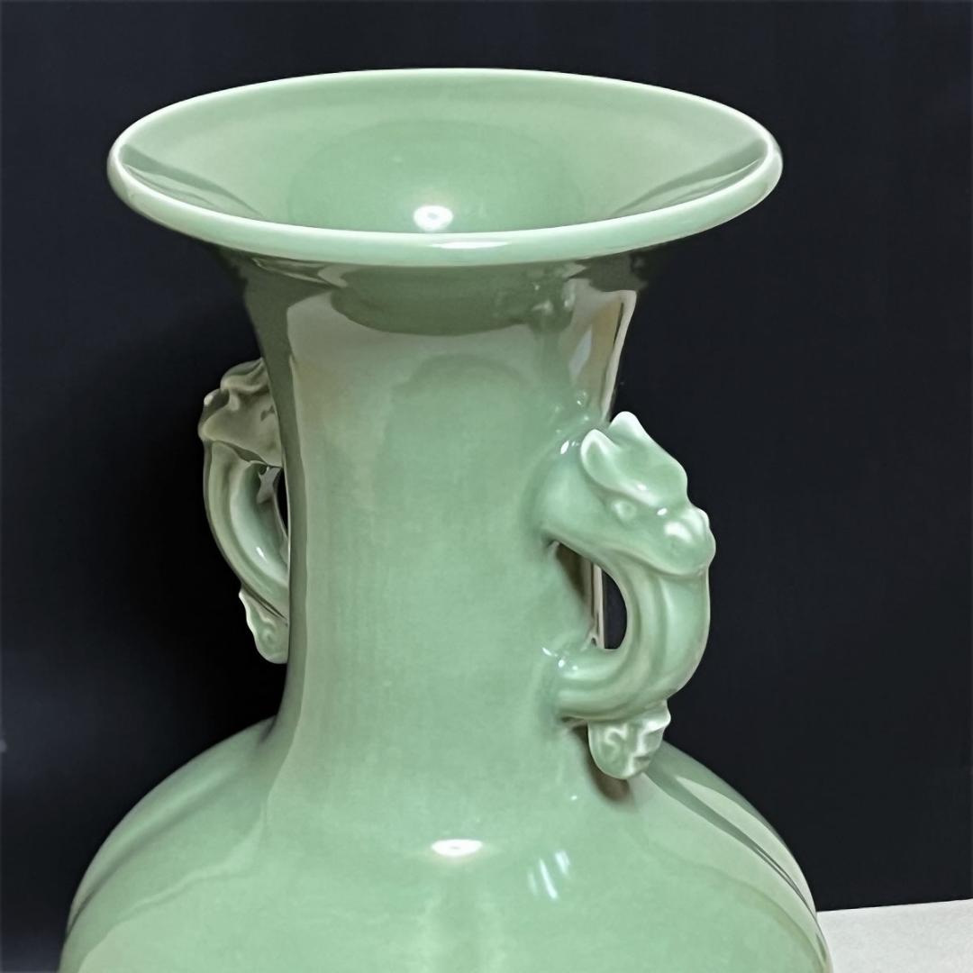 加藤渓山 天龍寺青磁 耳付花瓶 共箱 耳付 花入 花生 茶道具【k3060】