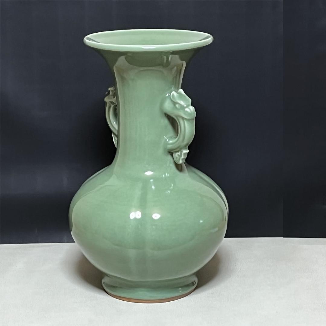 加藤渓山 天龍寺青磁 耳付花瓶 共箱 耳付 花入 花生 茶道具【k3060】