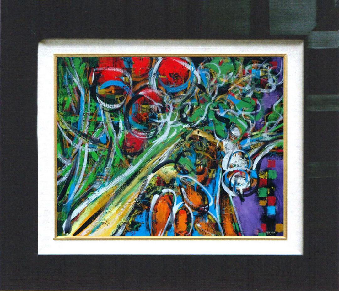 油絵 菅家令子 絵画インテリア額付( 青緑＋金色の枠 )uF6-061004果物