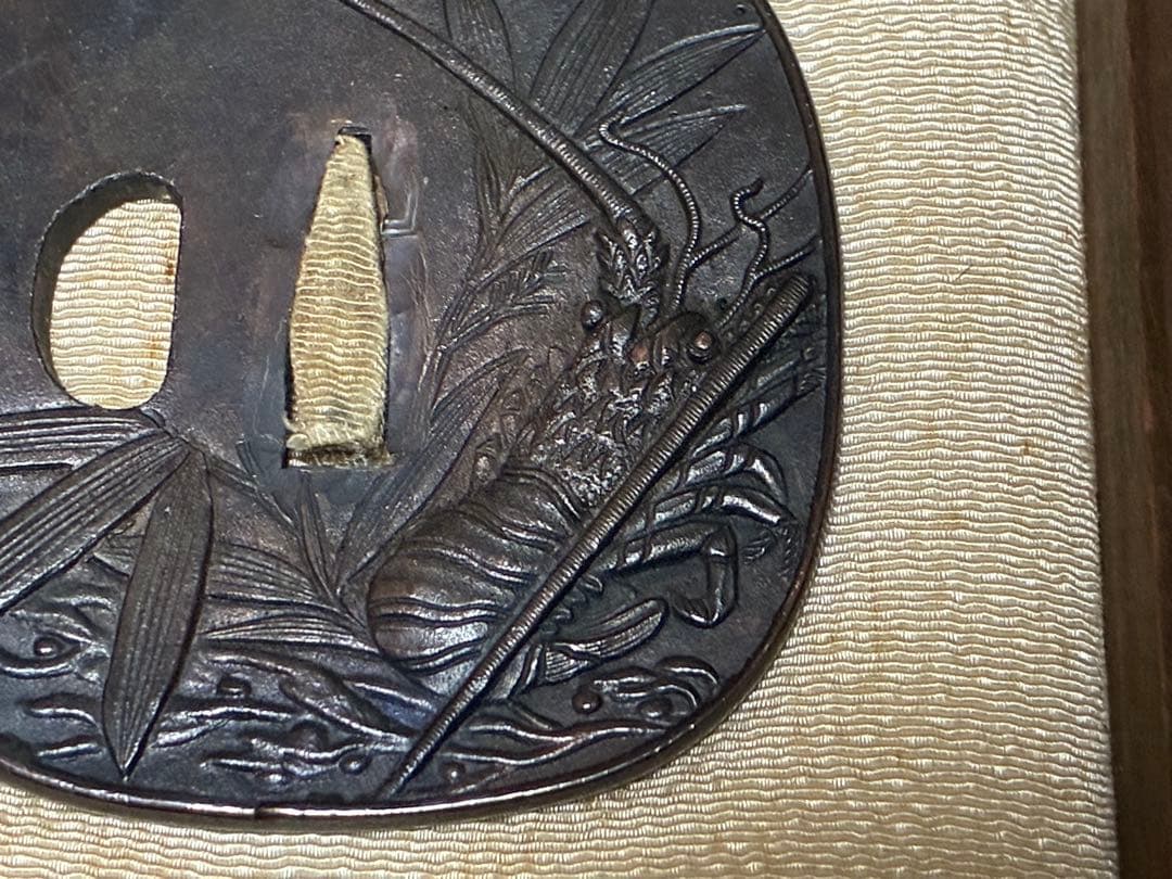 銅製 海老 笹 象嵌 鍔(つば) 刀 時代物 箱入