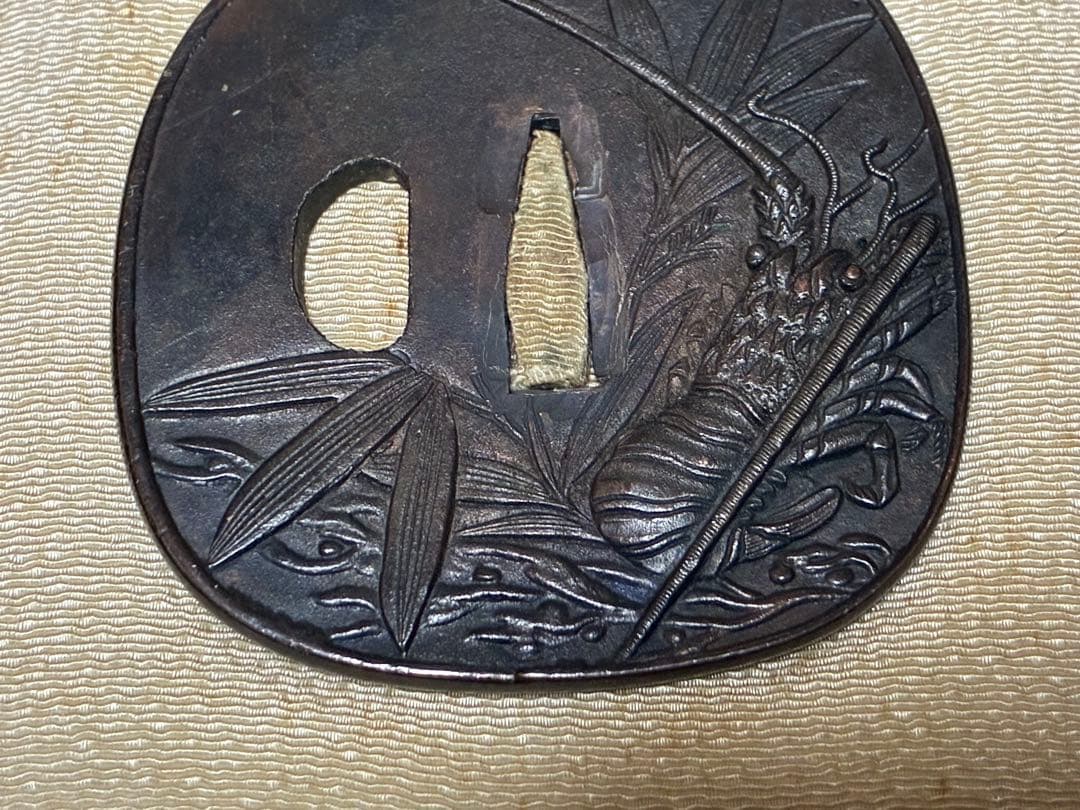 銅製 海老 笹 象嵌 鍔(つば) 刀 時代物 箱入