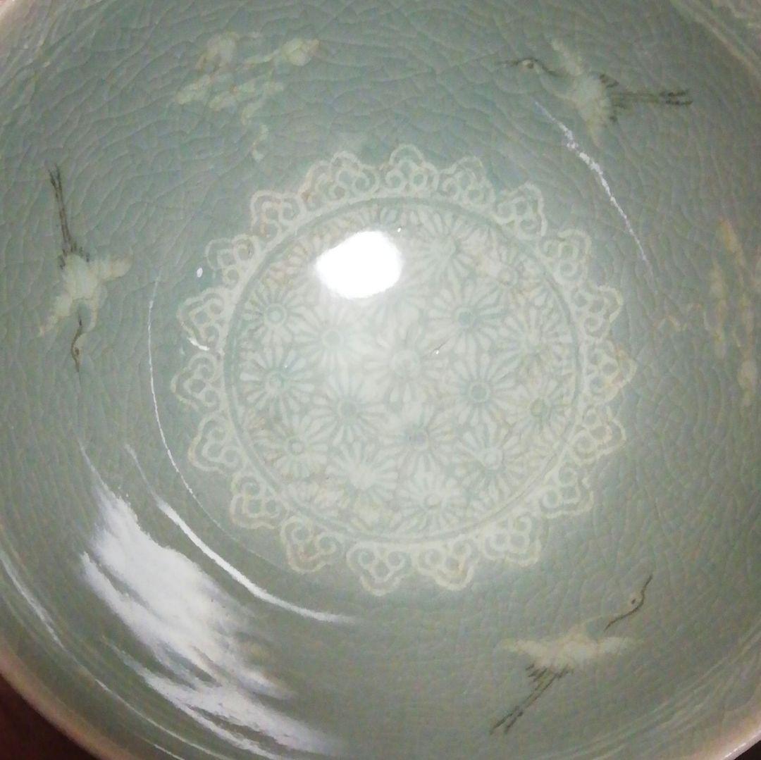 人間国宝　柳海剛作　青磁　鶴図　茶碗　共箱　茶道具