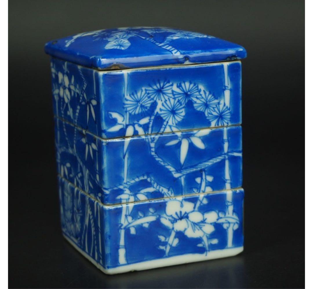 送料無料　江戸中期 　青華松竹梅図三重箱　ｈ９×６×6ｃｍ　★大珍品★