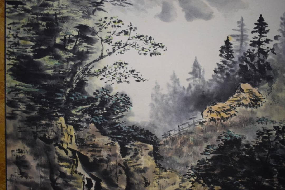 真作/高田勝風/山水人物筏図/彩色山水図/人物/布袋屋掛軸HJ-876