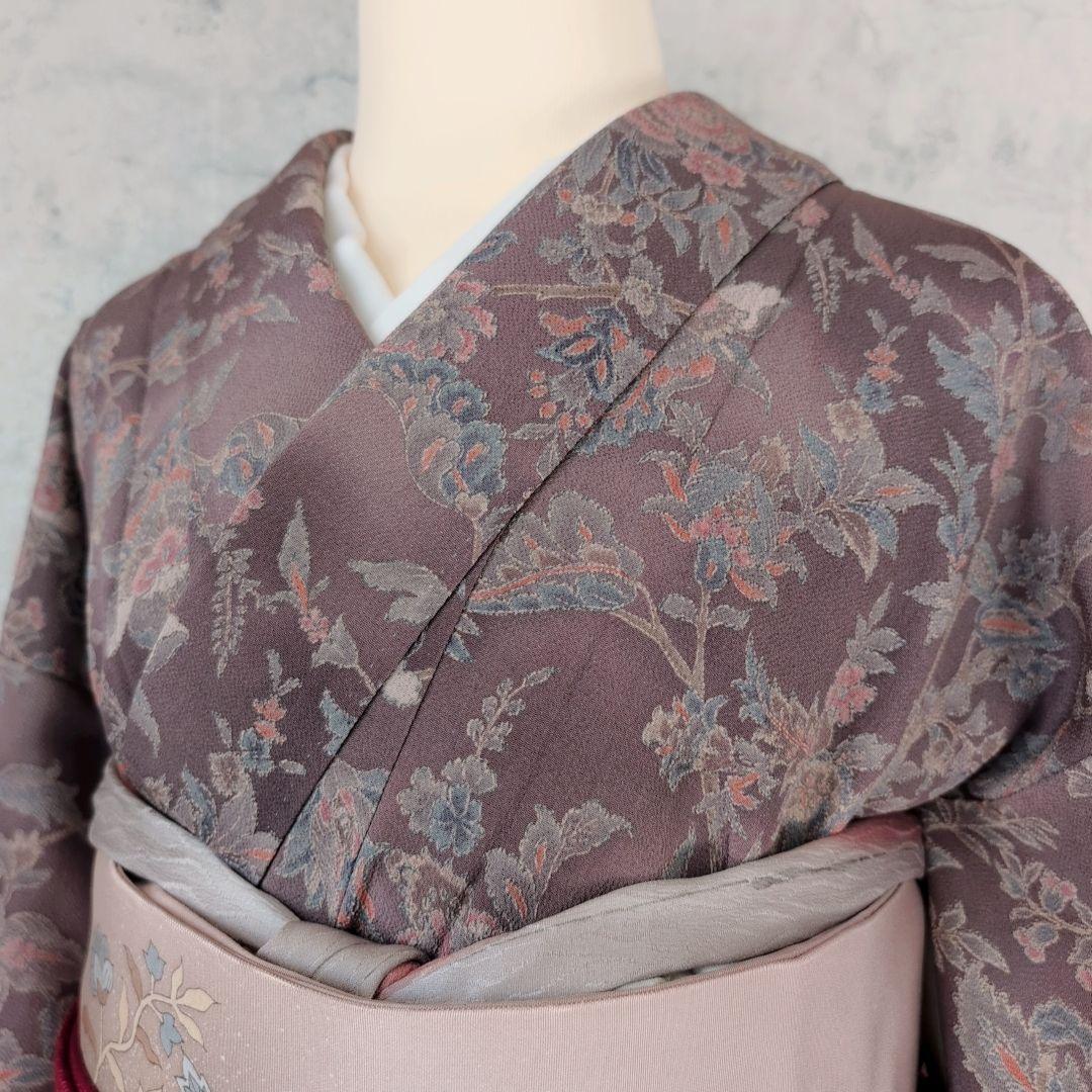 小紋　フルセット　着物　正絹　更紗　暗紫　花　縮緬　おしゃれ　D2
