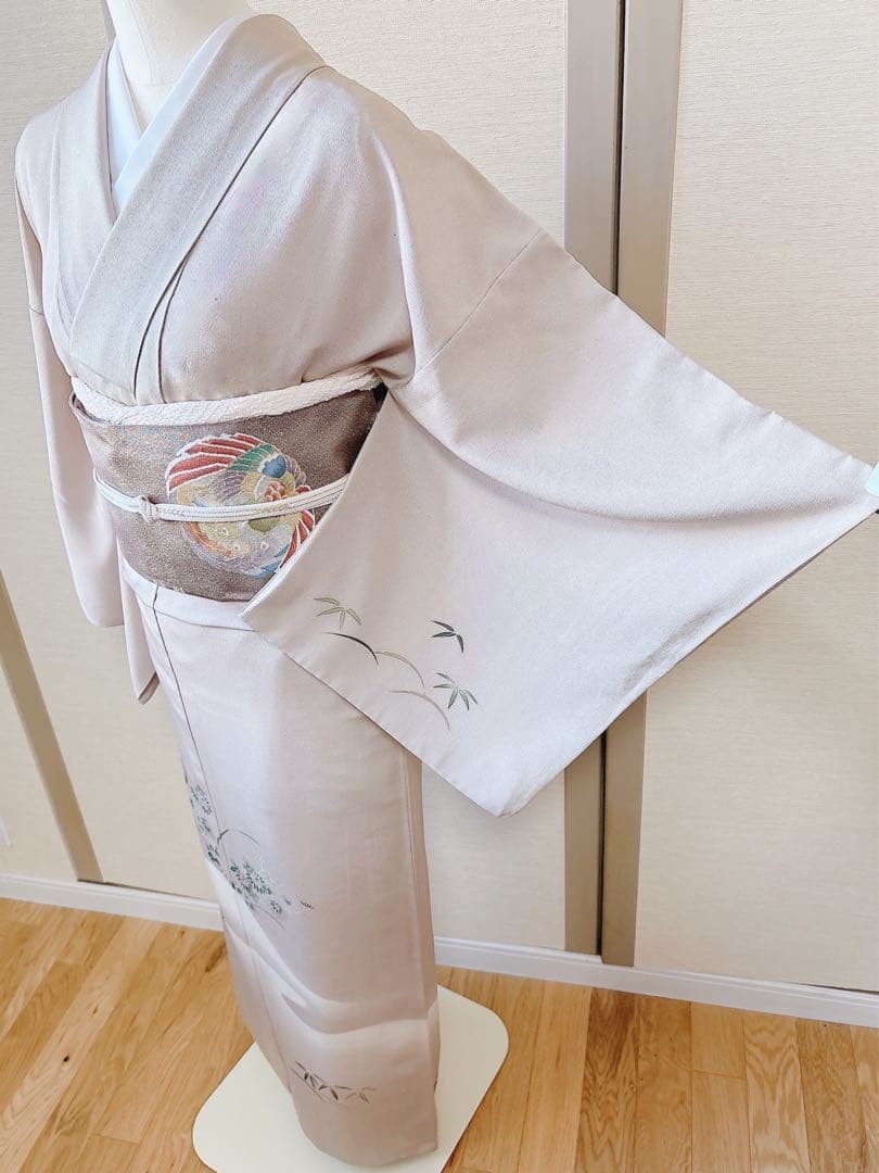 正絹　付け下げ　フルセット　裄65 卒業式　入学式　お宮参　袋帯 S グレー　白