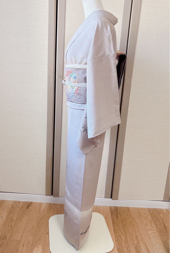 正絹　付け下げ　フルセット　裄65 卒業式　入学式　お宮参　袋帯 S グレー　白