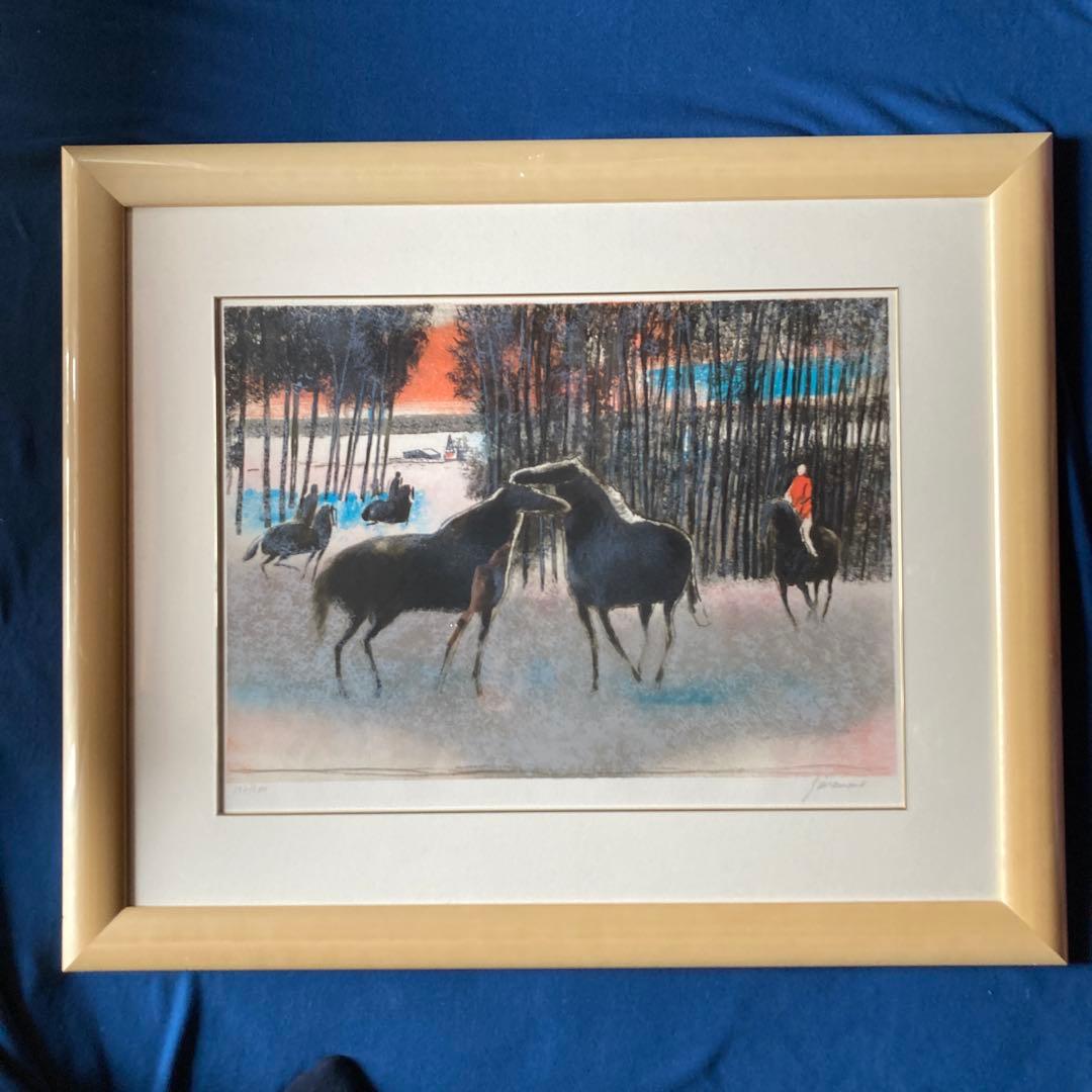 ポールギアマン「夕焼けの乗馬」リト197/200 額69×83 絵40×56cm