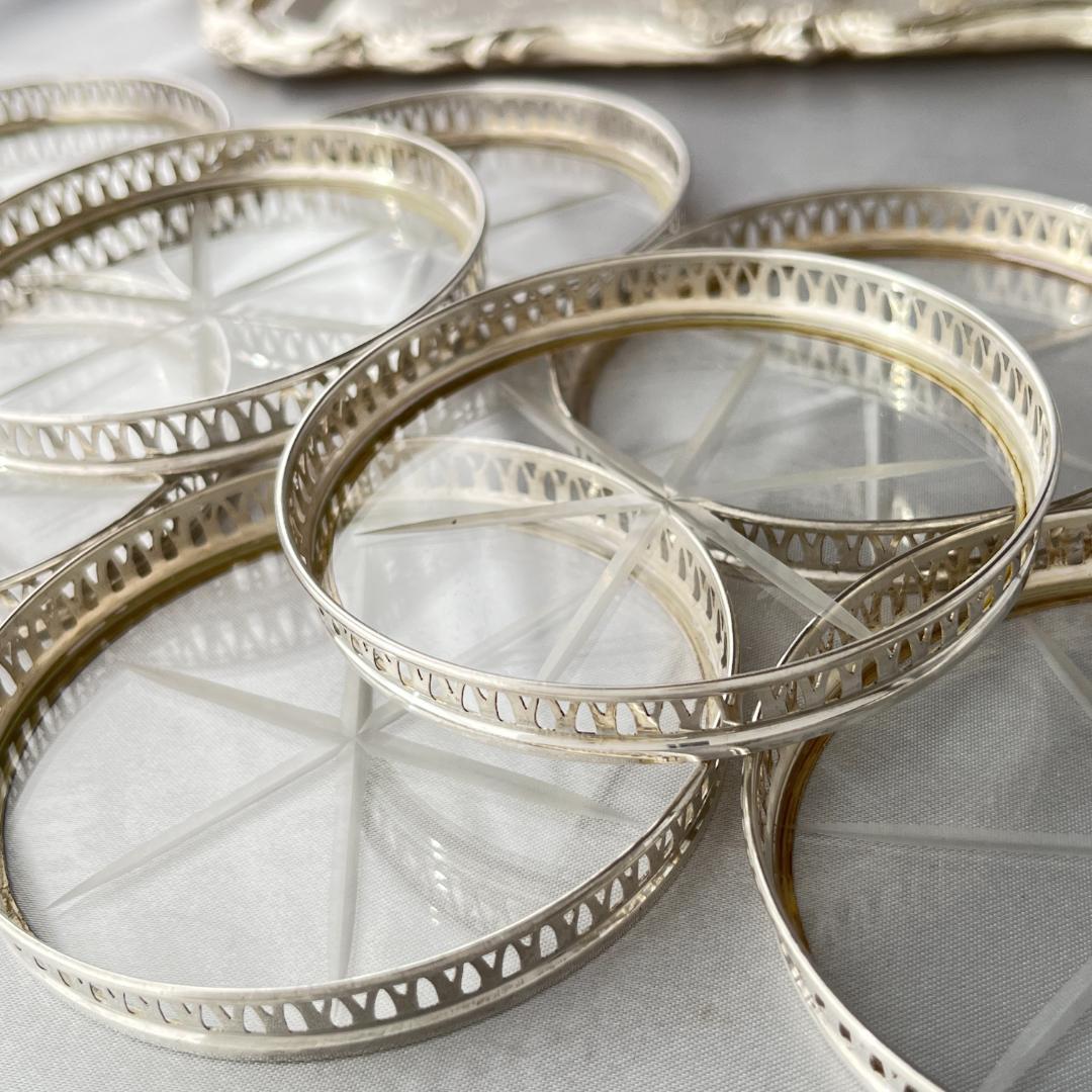 【純銀/ガラス】ワイングラスコースター 8枚 / ホルダー スターリング