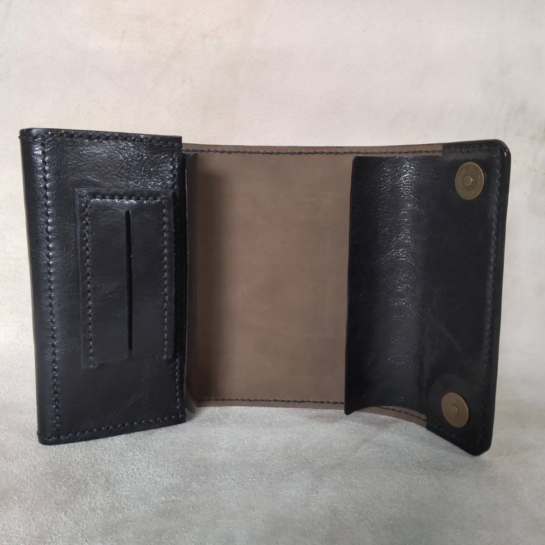 手巻きたばこ 三つ折りシャグポーチ（黒)高級姫路レザー使用 一点物S-58HC