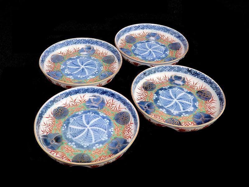 大聖寺古伊万里　金襴手　丸紋に笹の図　４寸皿　４枚　094AS-CAn