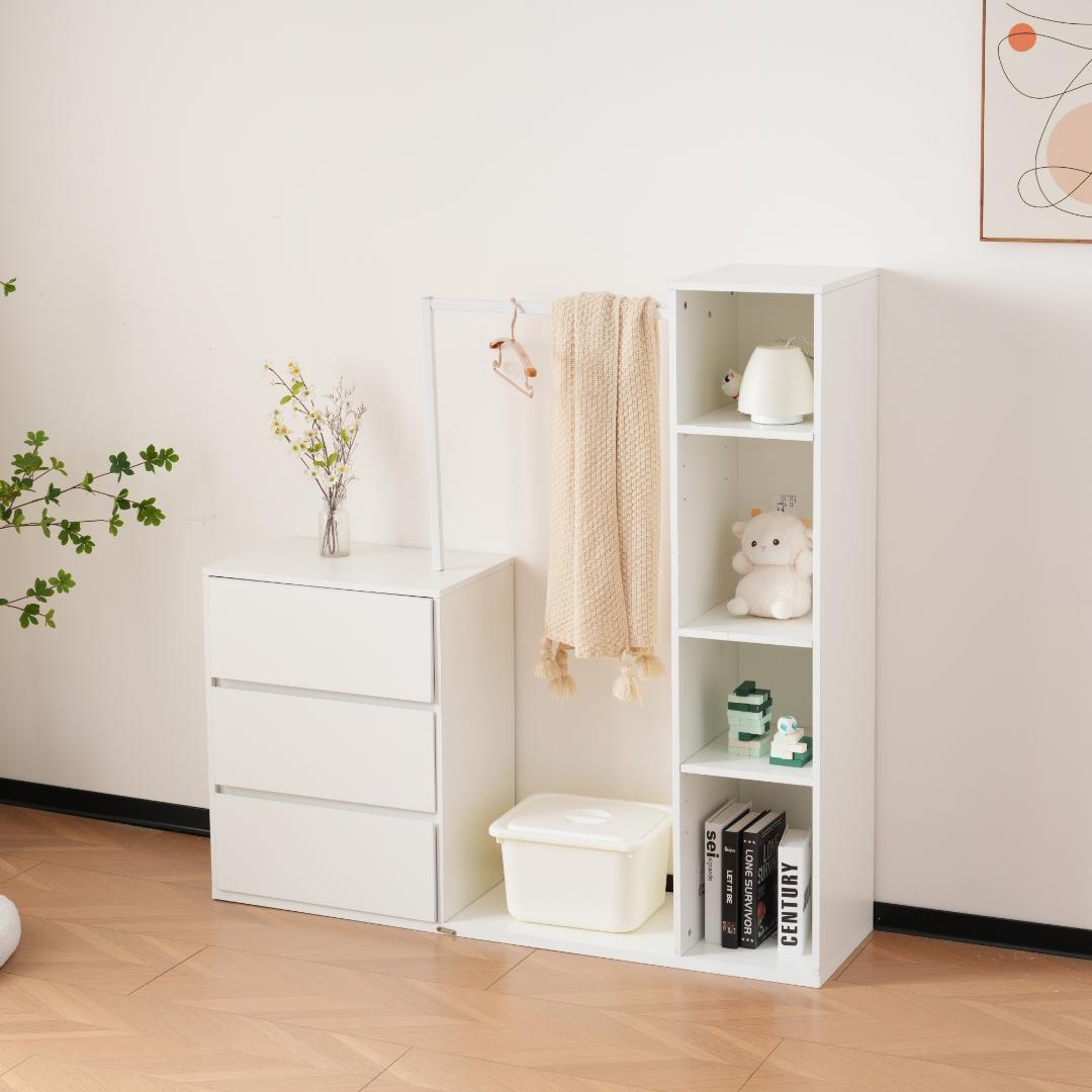 3段キャビネット+幅調整デスク+ ハンガーラック+ラック化粧台 デスク木製収納棚