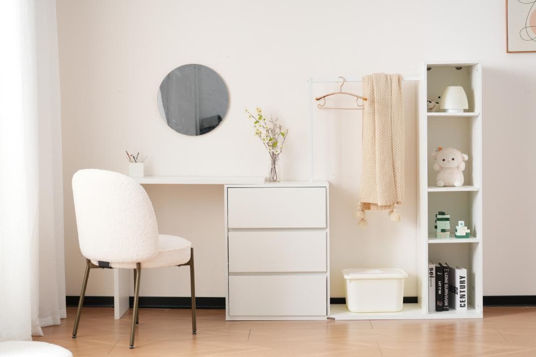 3段キャビネット+幅調整デスク+ ハンガーラック+ラック化粧台 デスク木製収納棚