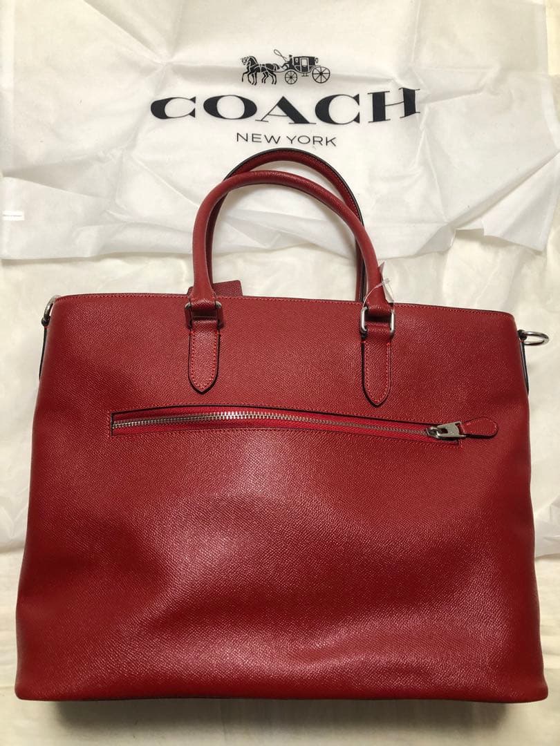 COACH レッド トートバッグ 外ポケット付き
