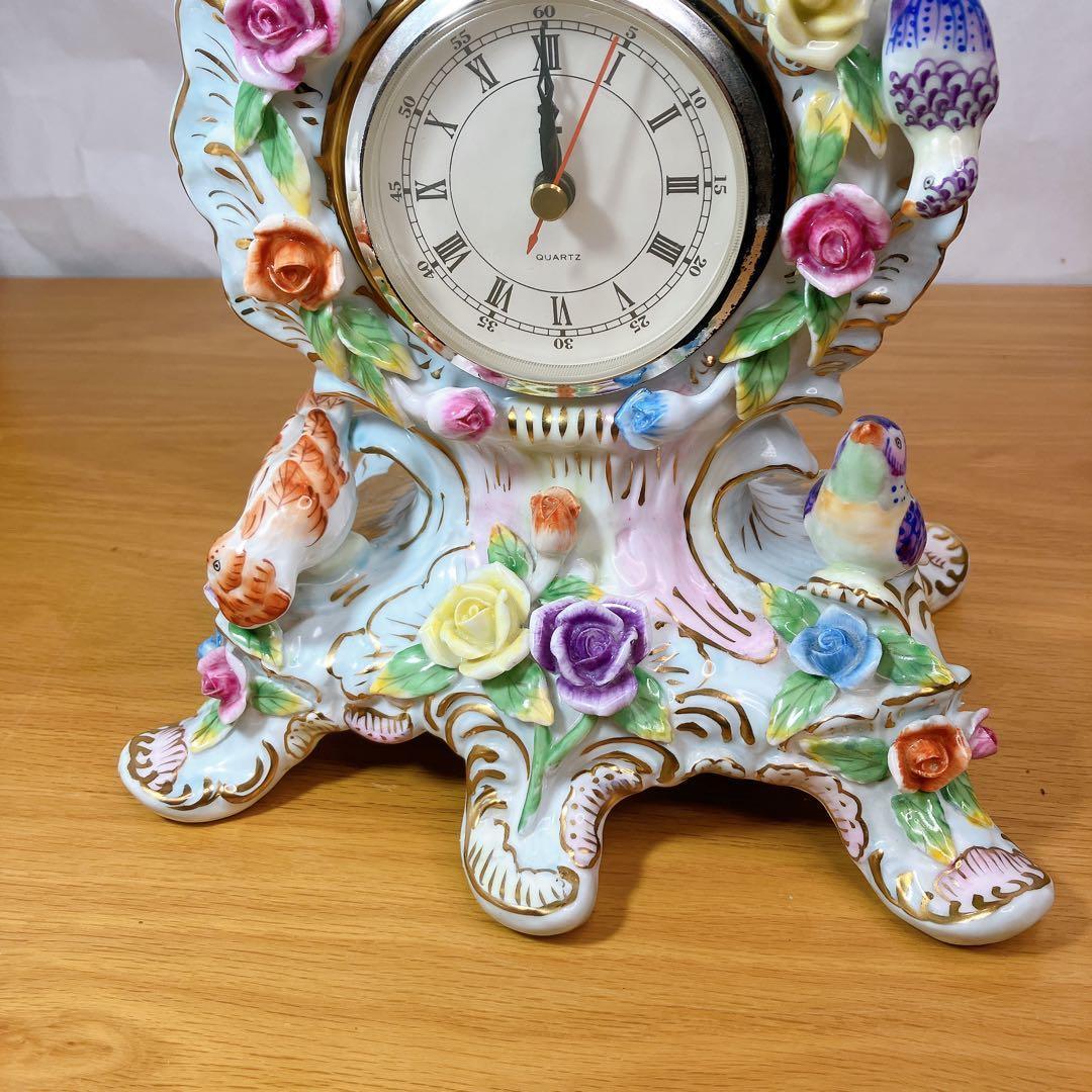 FINE PORCELAIN 鳥と花 陶磁器 置時計 ロココ調 薔薇 立体装飾