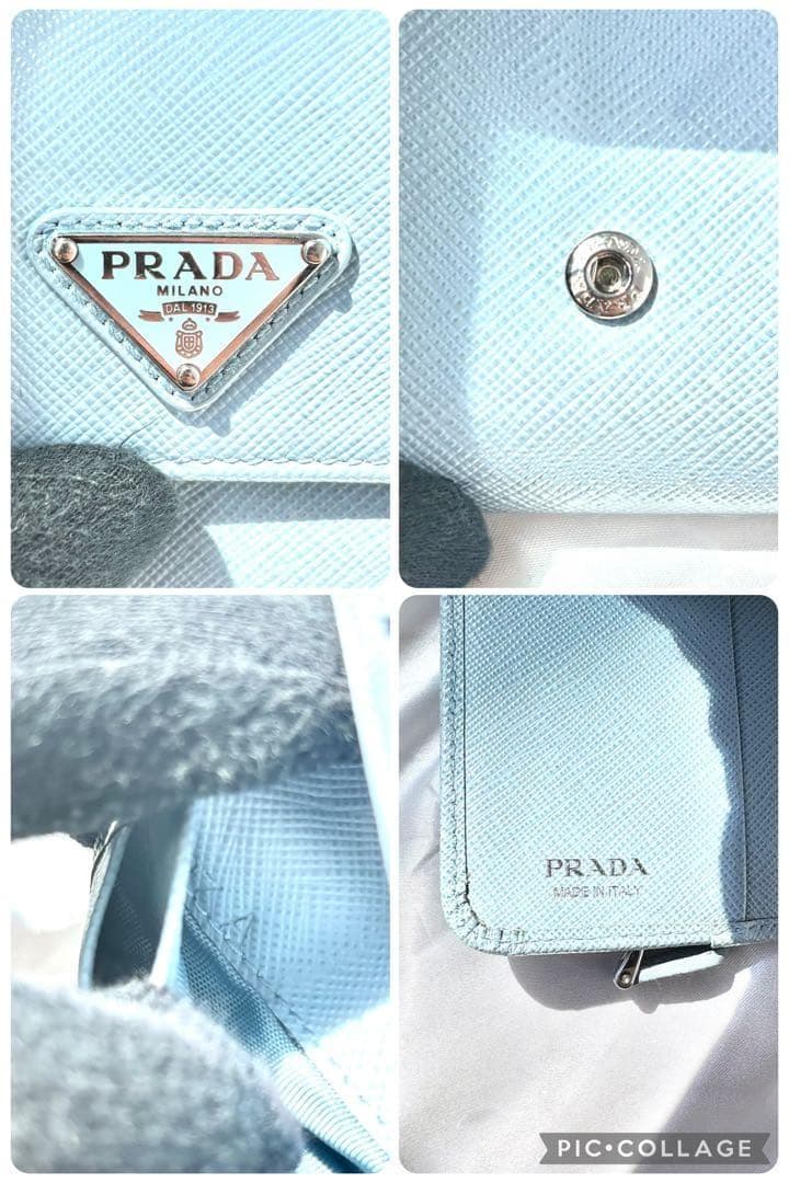 極美品✨プラダ 三つ折り財布 サフィアーノ 三角ロゴ レザー ライトブルー