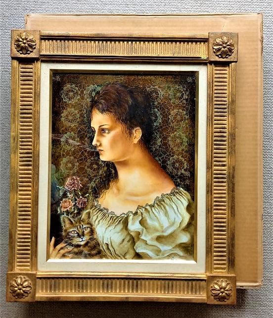 宮田融「婦人像」Ｆ６　油彩画　大阪三越「秀作油絵展」展示作品　アンティークな額装