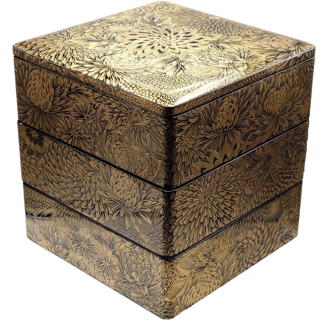 輪島塗風 総沈金菊彫 木製漆塗 大型重箱 内朱 アンティーク 重箱 おせち用