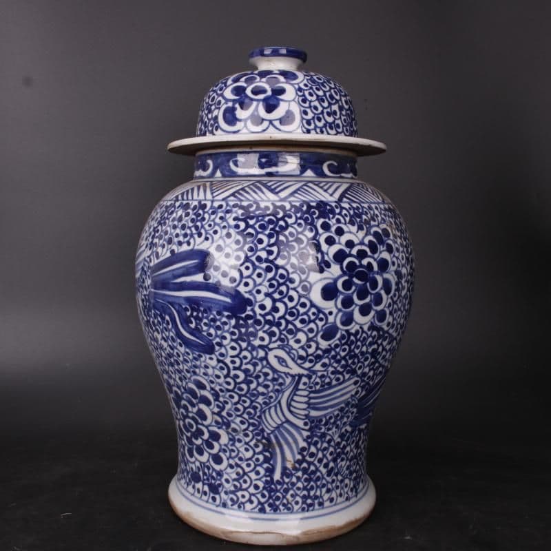 青花凤凰缠枝纹将军罐 景徳鎮 陶磁器 装飾品 現代工芸品 美術品 置物