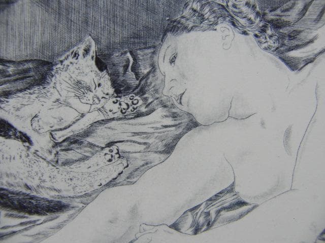 藤田嗣治、【女と猫】、希少な画集より、新品高級額・額装付