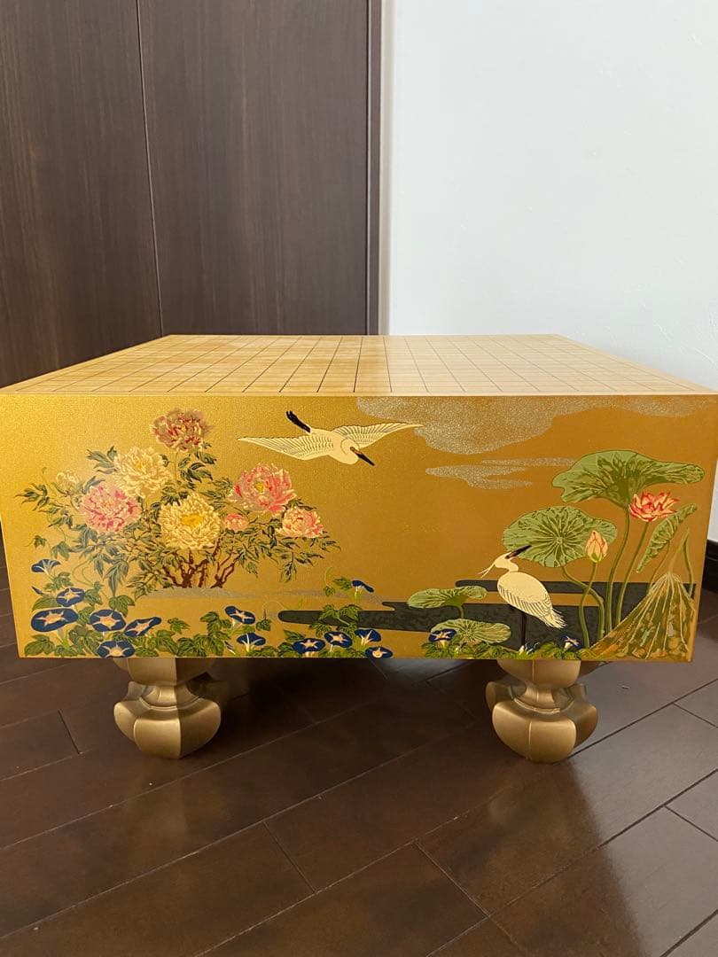 極上品 日本画家 野畑直子作 金地漆絵四季花鳥図碁盤 （囲碁）