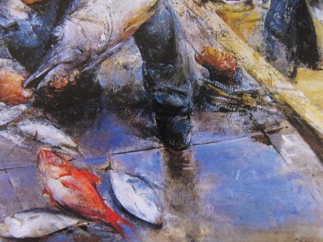 工藤和男、【魚と漁師】、希少な額装用画集より、新品額装付