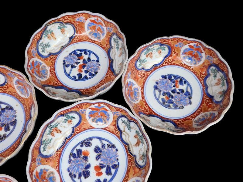 古伊万里　色絵 窓絵　藤に蝶　菊の図　膾皿　５客　C202AS-CWv