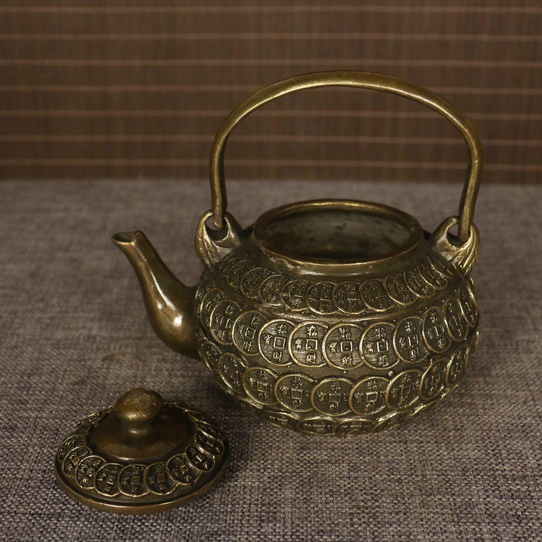 提梁壷 銅銭茶壺 工芸品 美術品 置物
